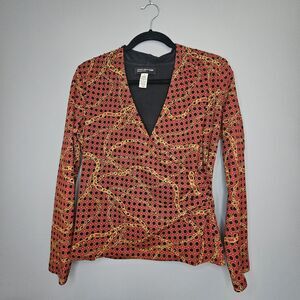 Jones New York Womens M Faux Wrap Blouse Long Sleeve Chain Print Orange Black